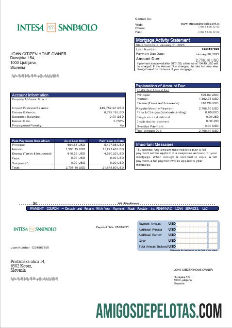 Eslovênia Intesa Sanpaolo Bank Extrato de hipoteca em formatos Word e PDF baixar para verificação
